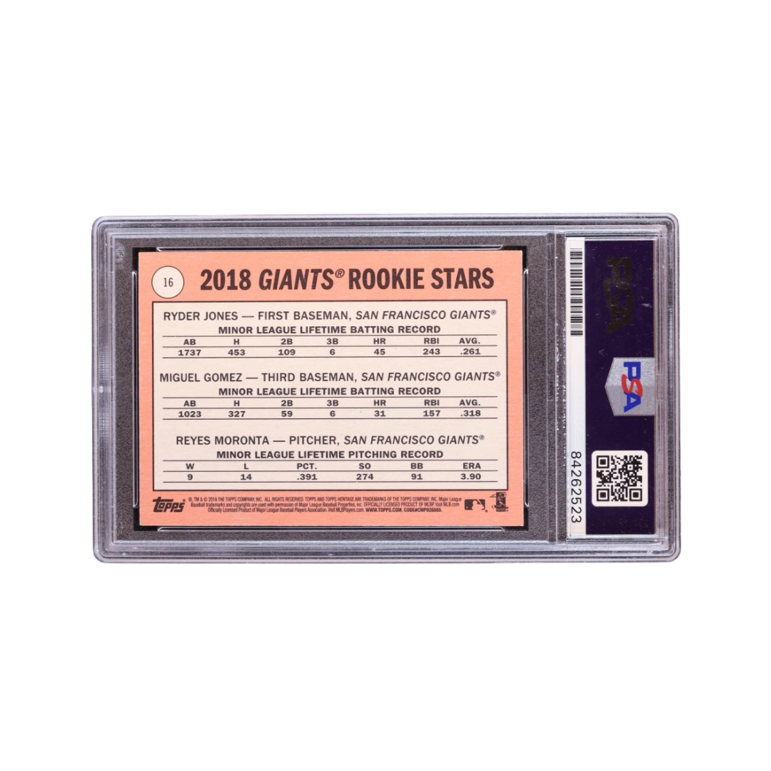 Ryder Jones Signed 2018 Topps Heritage #16 Rookie Stars Ryder Jones / Miguel Gomez / Reyes Moronta RC (PSA)