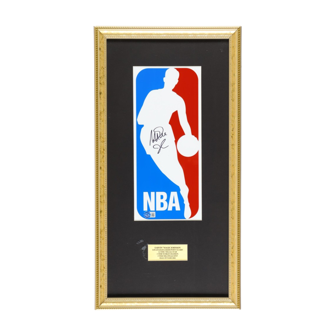 Magic Johnson Signed NBA Logo Custom Framed Photo Display (Beckett)