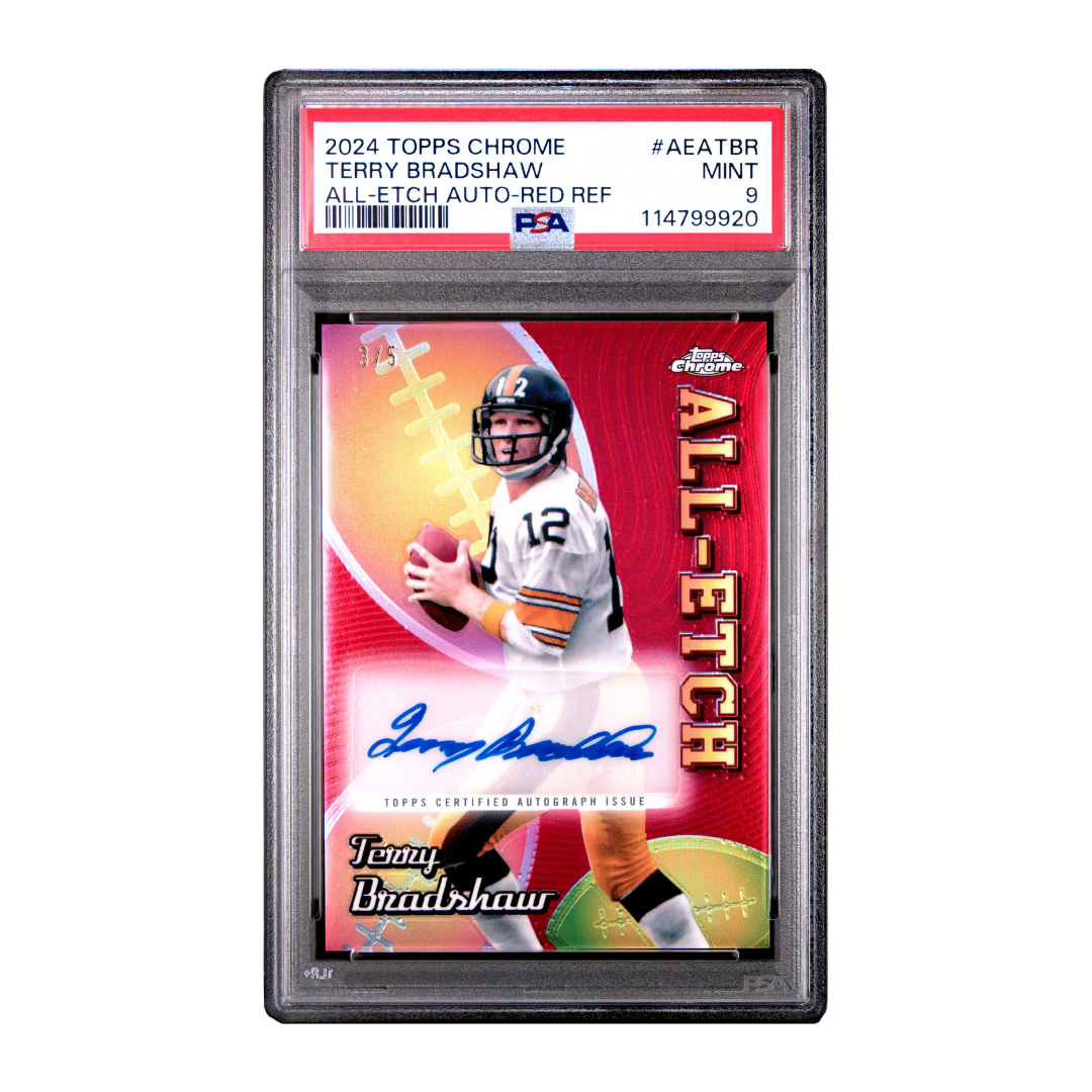 Terry Bradshaw 2024 Topps Chrome All-Etch Auto-Red Refractor #AEATBR 3/5 PSA 9