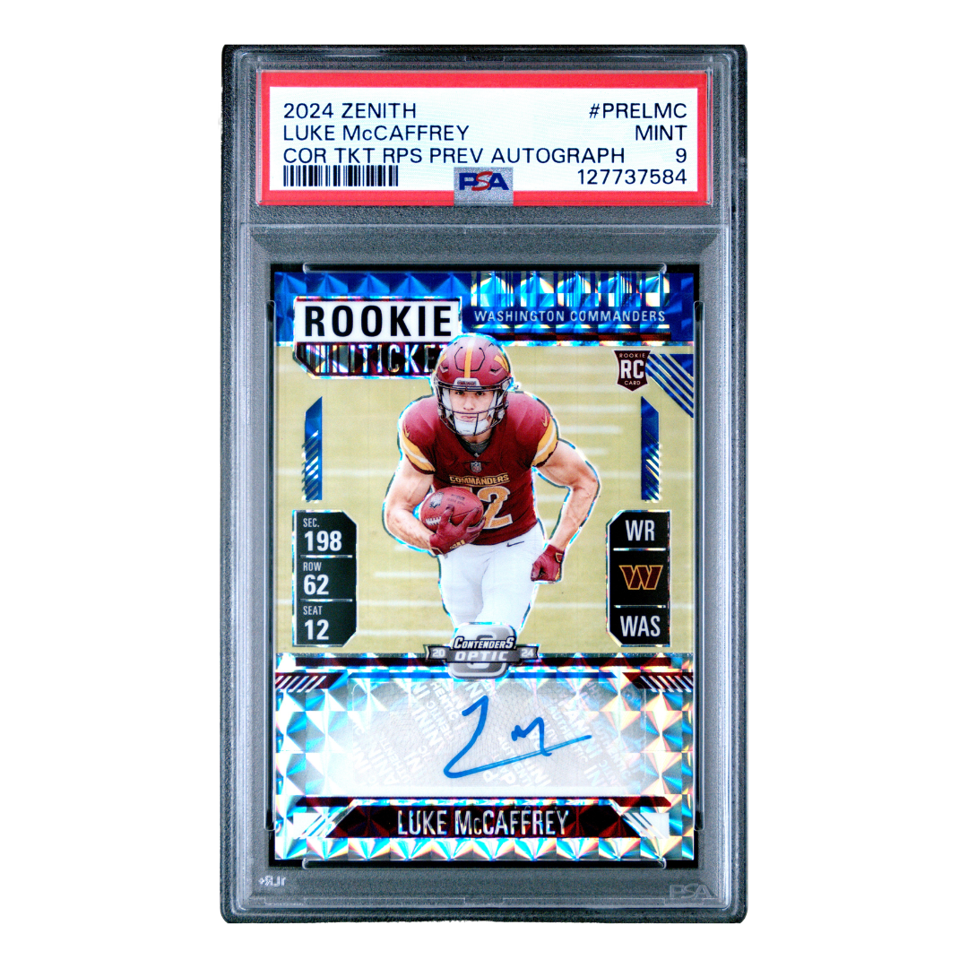 Luke McCaffrey 2024 Panini Zenith Contenders Optic Rookie Ticket Auto #PRE-LMC 17/24 (PSA 9)