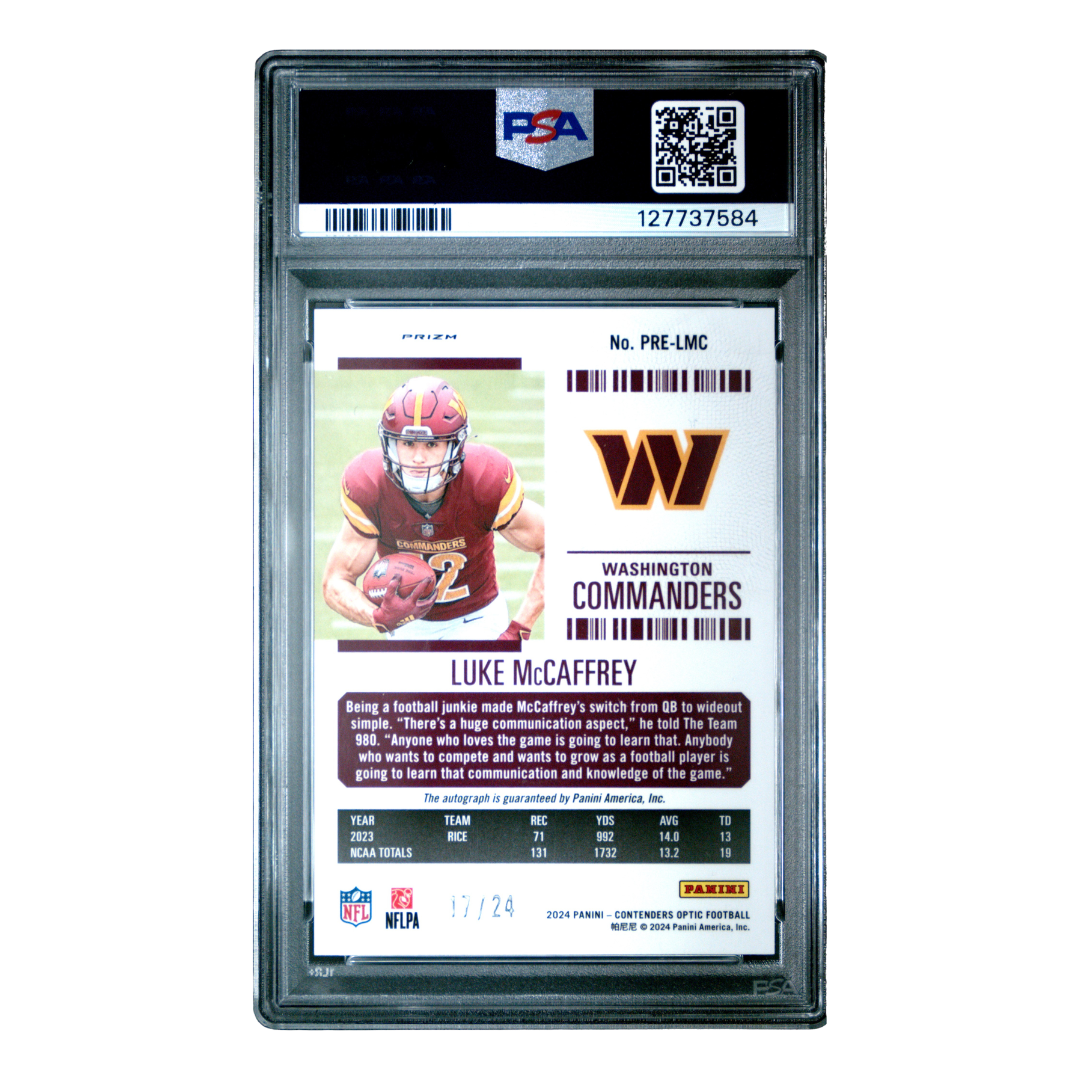 Luke McCaffrey 2024 Panini Zenith Contenders Optic Rookie Ticket Auto #PRE-LMC 17/24 (PSA 9)