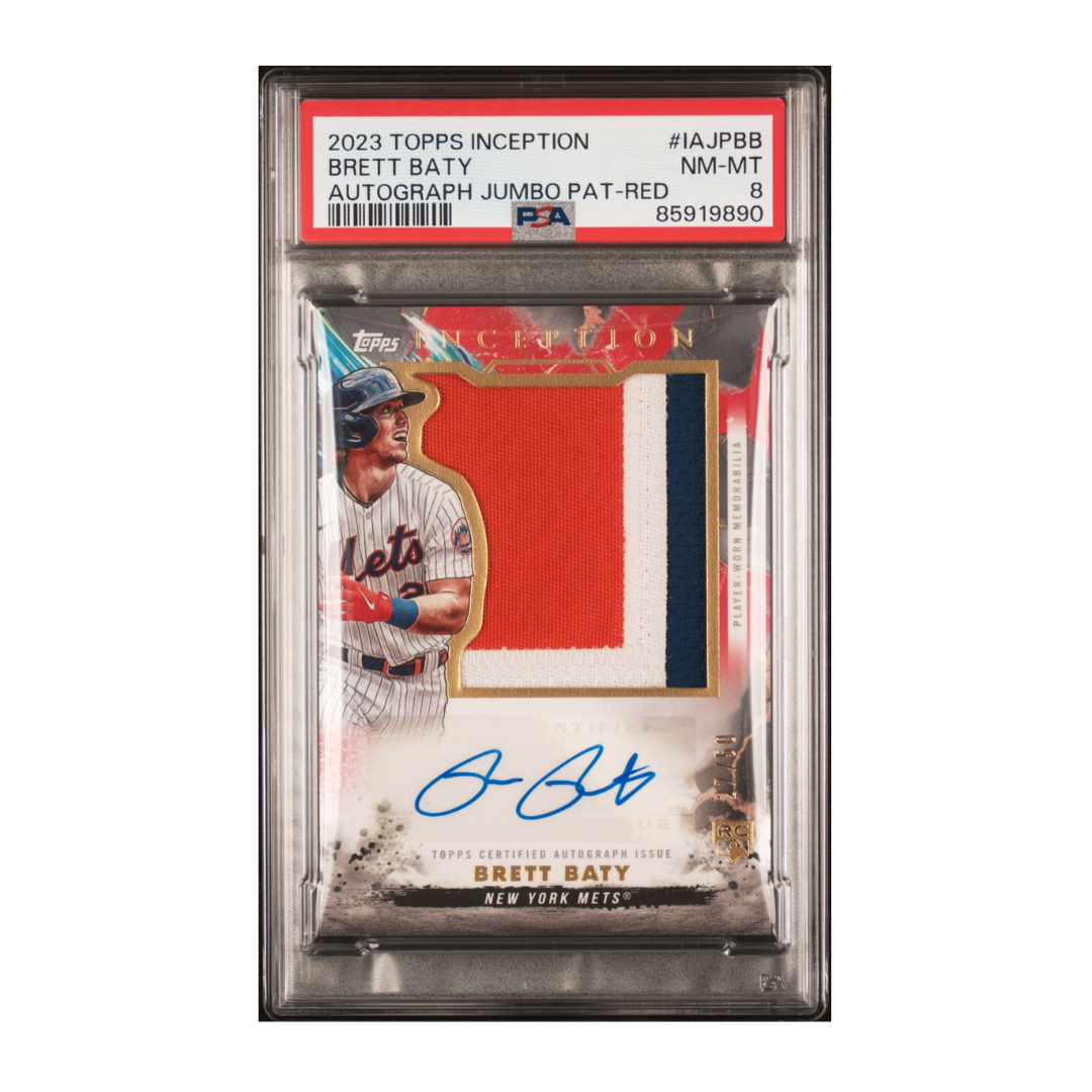Brett Baty 2023 Topps Inception Autograph Jumbo Patch Red #IAJP-BB 27/50 (PSA 8)