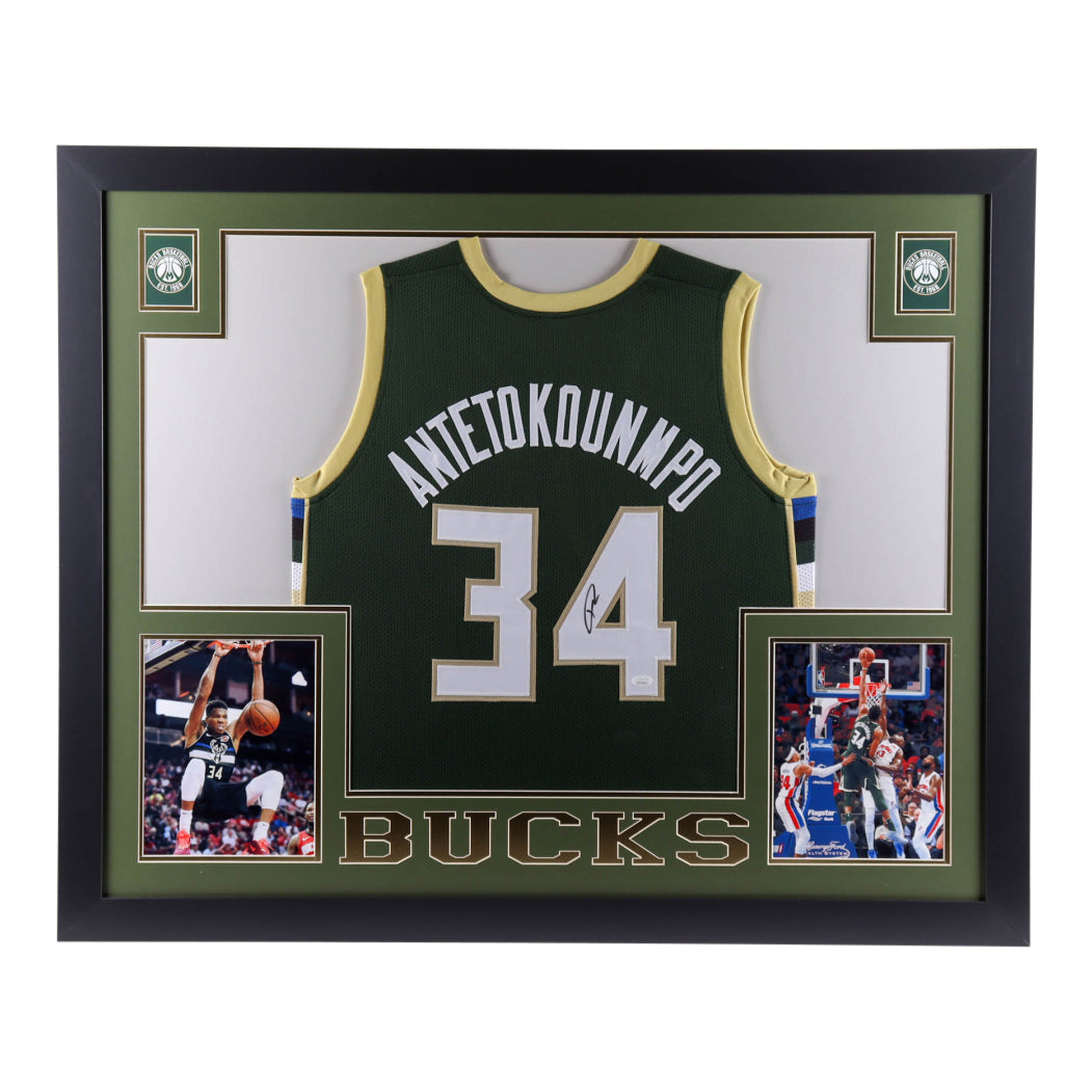 Giannis Antetokounmpo Signed 35x43 Custom Framed Jersey Display (JSA Hologram)