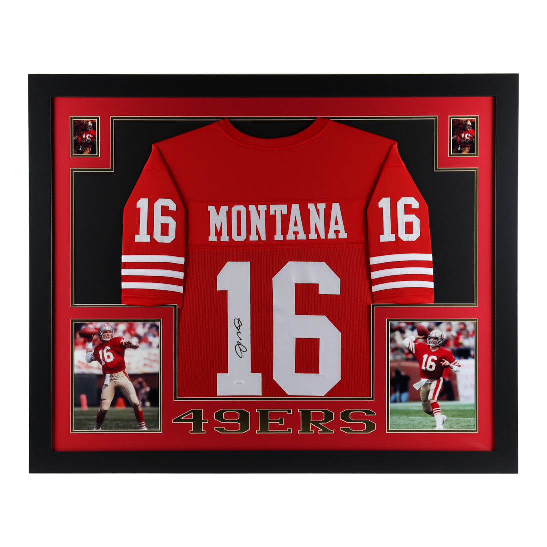 Joe Montana Signed 35x43 Custom Framed Jersey Display (JSA Hologram)