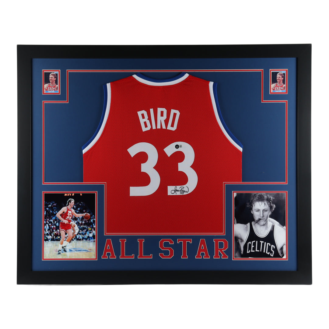 Larry Bird Signed 35.5x43.5 Custom Framed Jersey Display (Beckett COA)