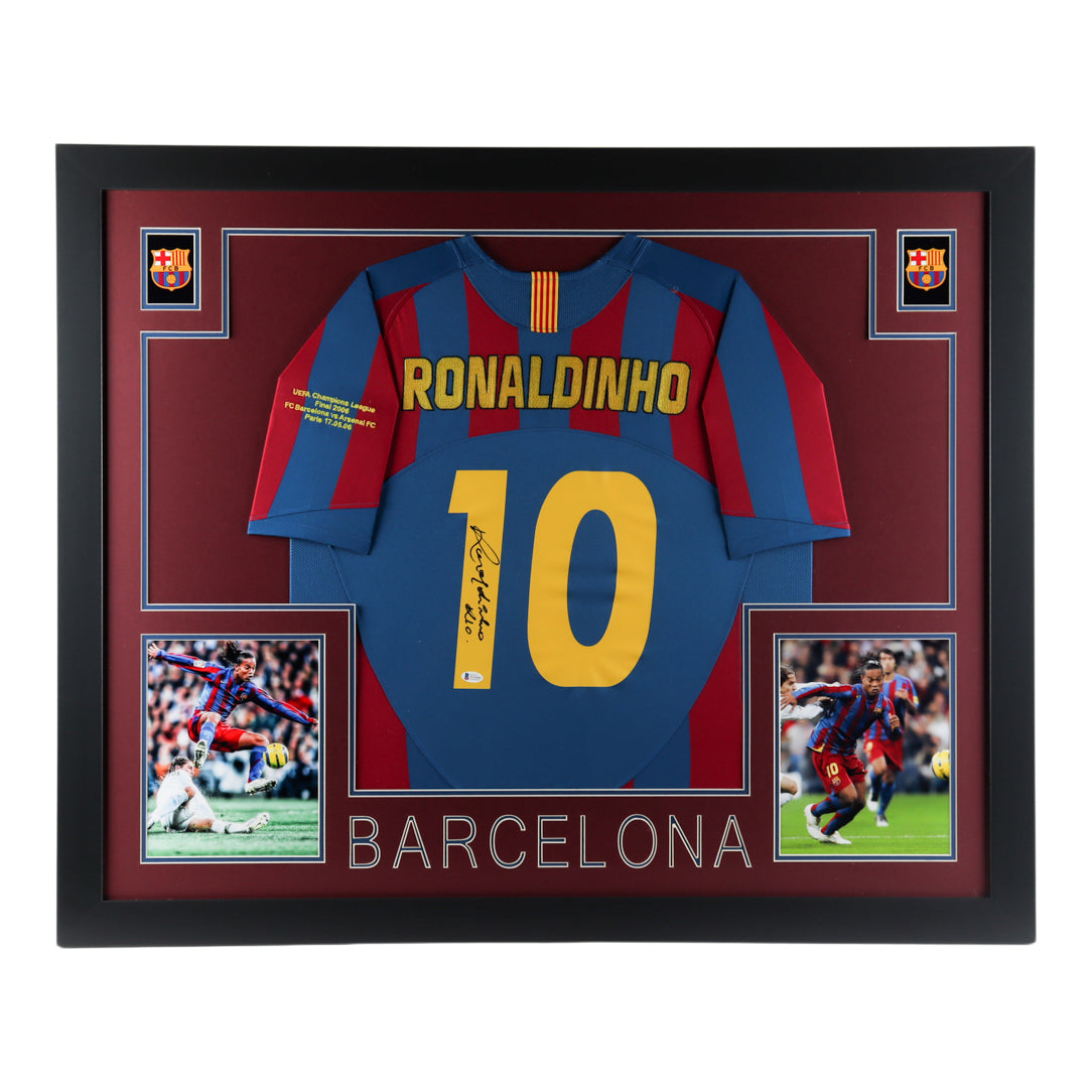 Ronaldinho Signed 35x43 Custom Framed Jersey Display Inscribed "R10" (Beckett)