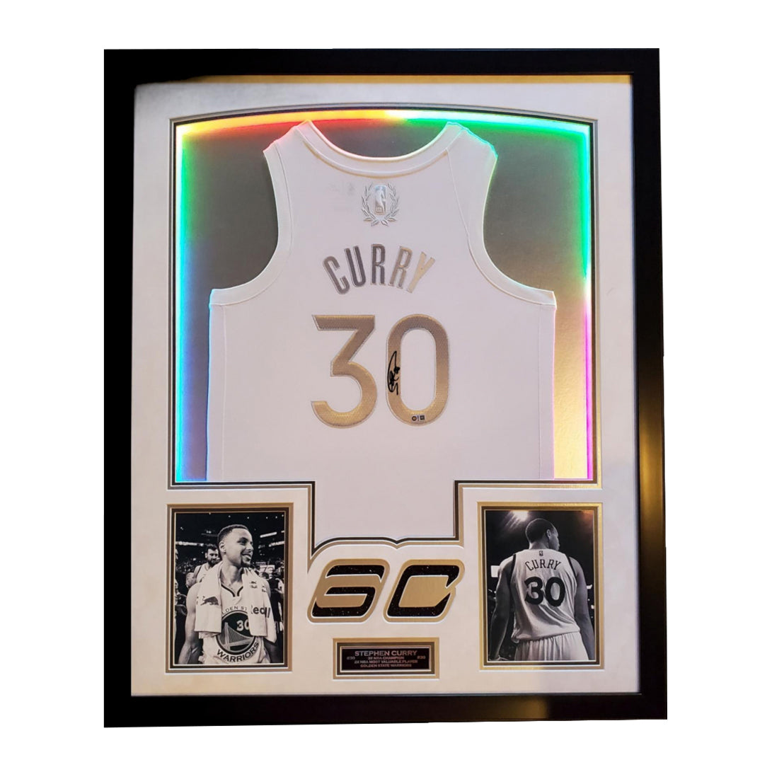 Stephen Curry Signed Warriors 35x43 Custom Framed Jersey Display (Curry)