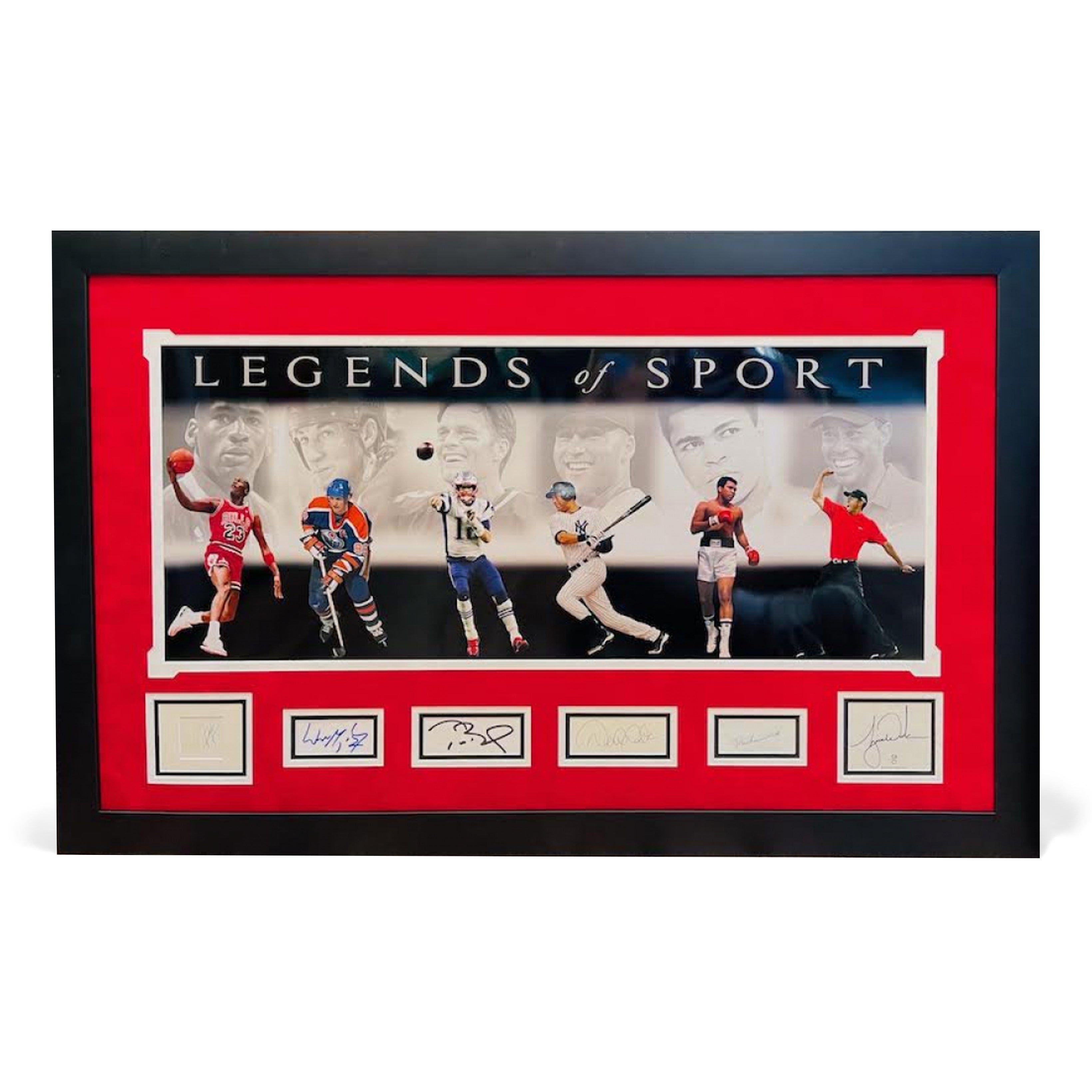 "Legends of Sport" 27.5x43.5 Custom Framed Cut Display Signed by (6) with Michael Jordan, Wayne Gretzky, Tom Brady, Derek Jeter, Muhammad Ali & Tiger Woods (JSA LOA & JSA COA)