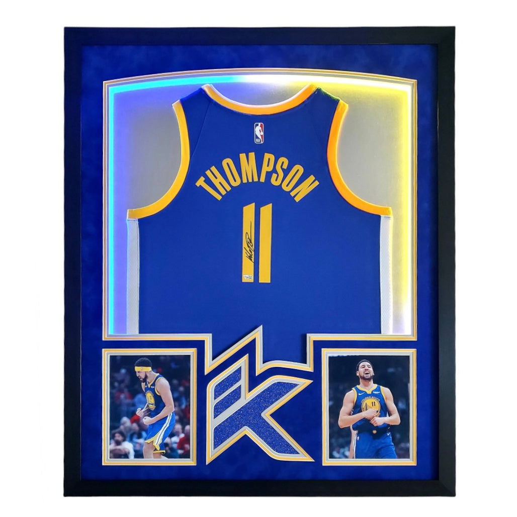 Klay Thompson Signed Warriors 34x42 Custom Framed Jersey Display with LED Lights (Fanatics)