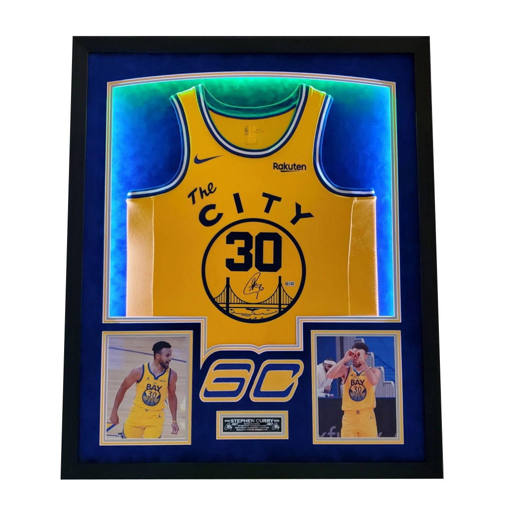 Stephen Curry Signed Warriors 34x42 Custom Framed Jersey Display (USA SM)