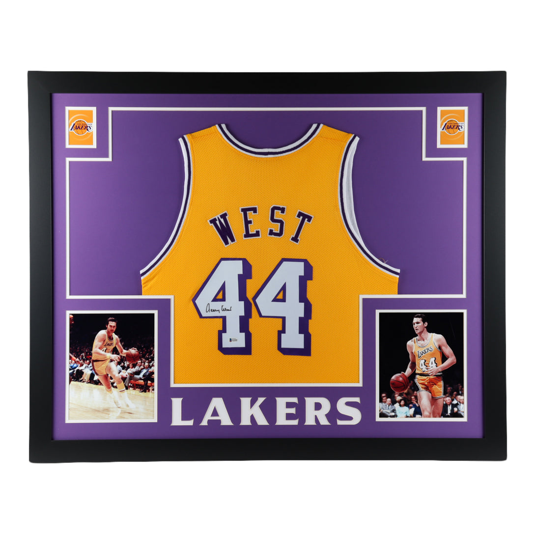 Jerry West Signed 35x43 Custom Framed Jersey Display (Beckett)