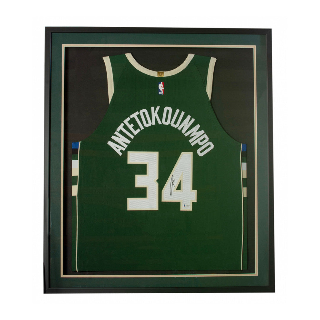 Giannis Antetokounmpo Signed Bucks 32x36 Custom Framed Jersey Display (Beckett COA)