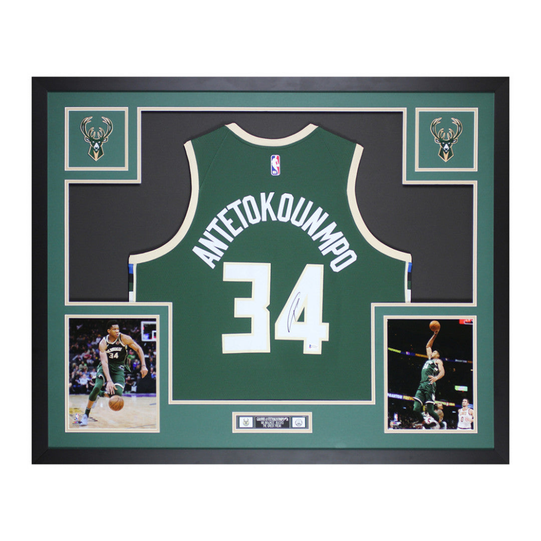 Giannis Antetokounmpo Signed Bucks 35x43 Custom Framed Jersey Display (Beckett)