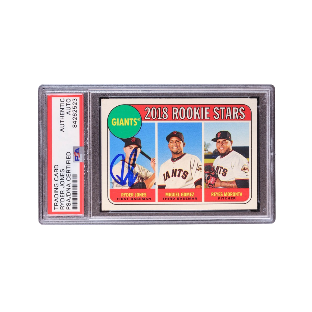 Ryder Jones Signed 2018 Topps Heritage #16 Rookie Stars Ryder Jones / Miguel Gomez / Reyes Moronta RC (PSA)