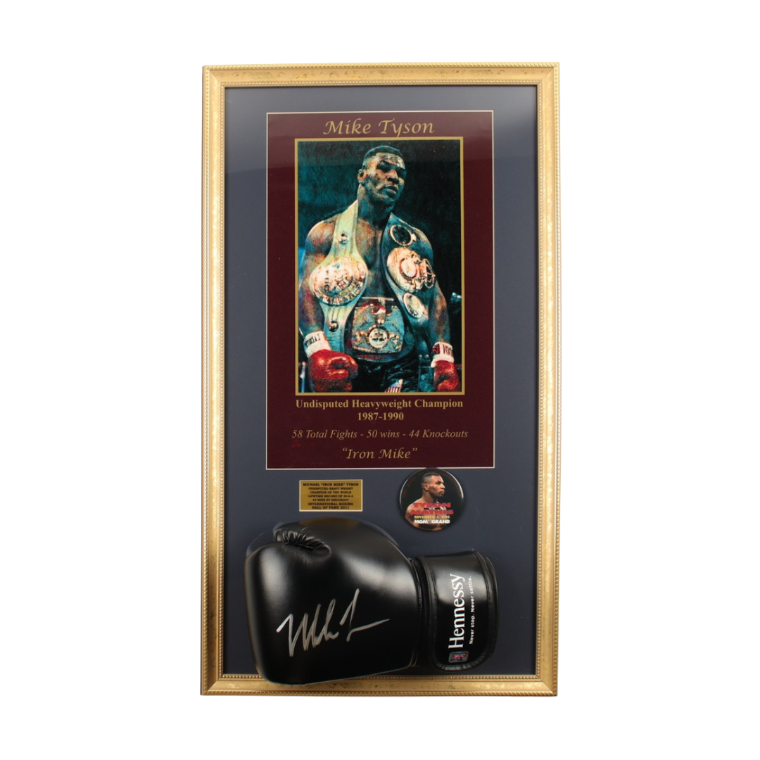 Mike Tyson Signed Custom Framed Hennessy Boxing Glove Display with Art Print and Pin (Tyson)
