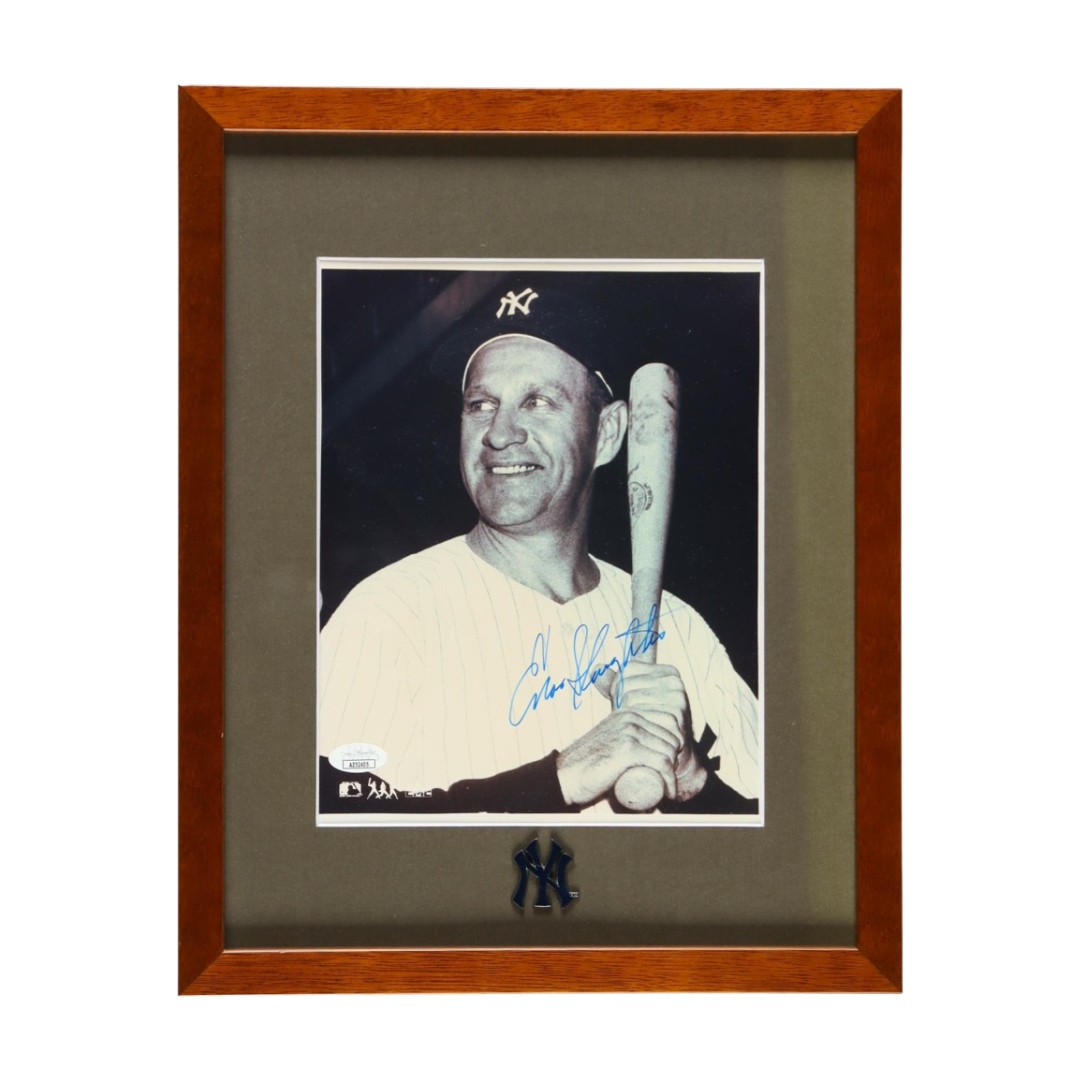 Enos Slaughter Signed Yankees Custom Framed Photo Display with Yankees Pin (JSA)