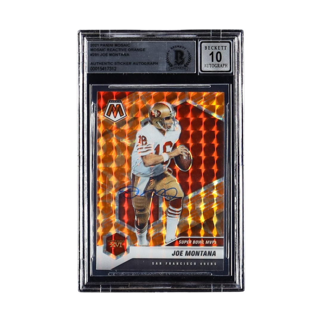 Joe Montana Signed Sticker On 2021 Panini Mosaic Mosaic Reactive Orange #291 (BGS | Auto 10)