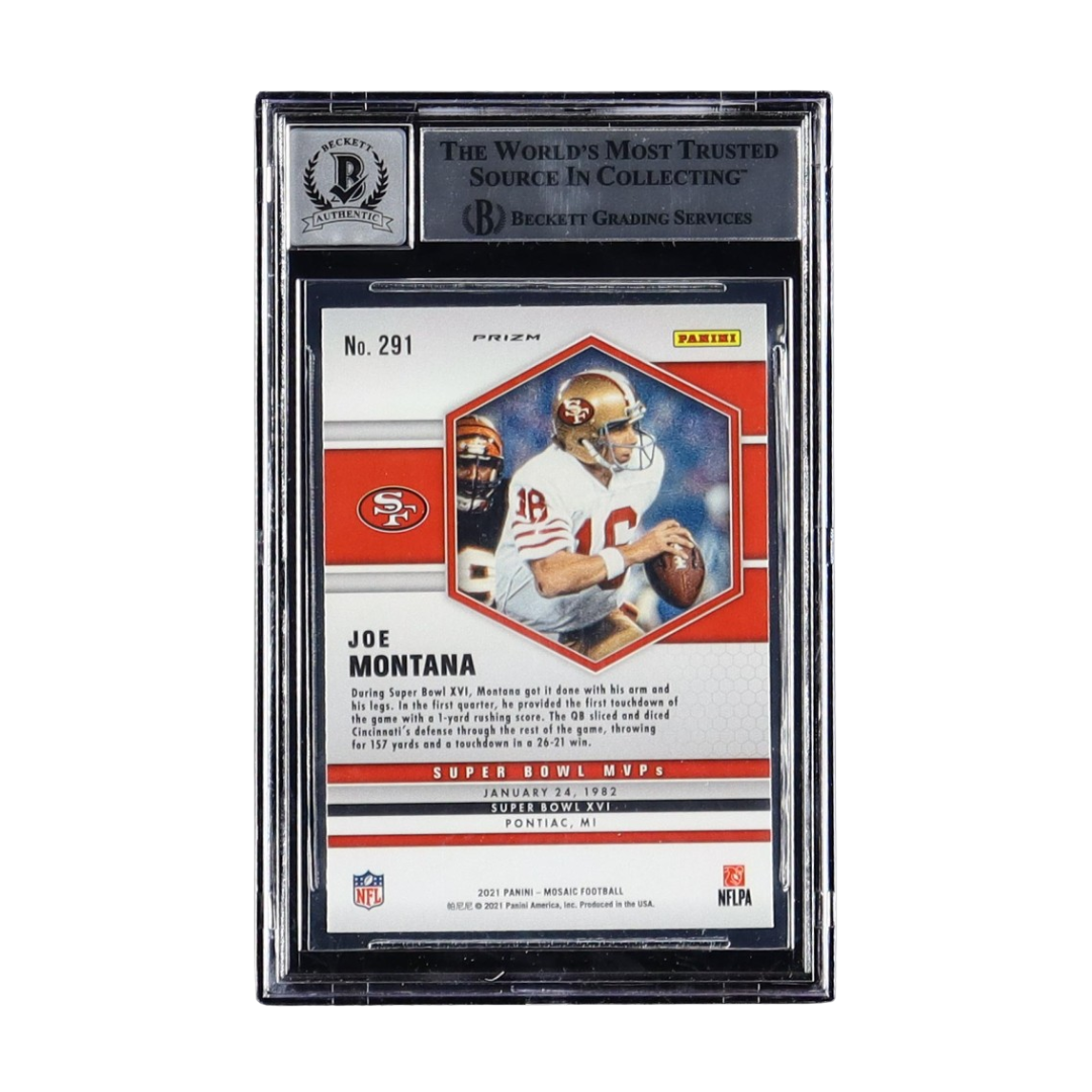 Joe Montana Signed Sticker On 2021 Panini Mosaic Mosaic Reactive Orange #291 (BGS | Auto 10)