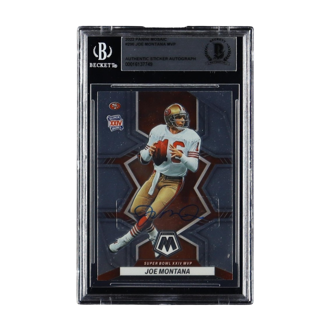 Joe Montana Signed On Sticker 2022 Panini Mosaic #293 MVP (Beckett)