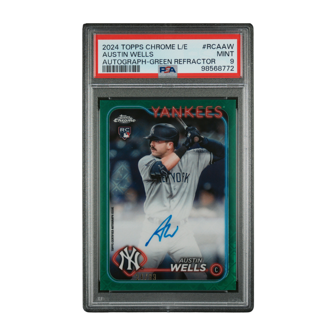 Austin Wells 2024 Topps Chrome L/E Auto Green Refractor #RCAAW 24/99 PSA 9