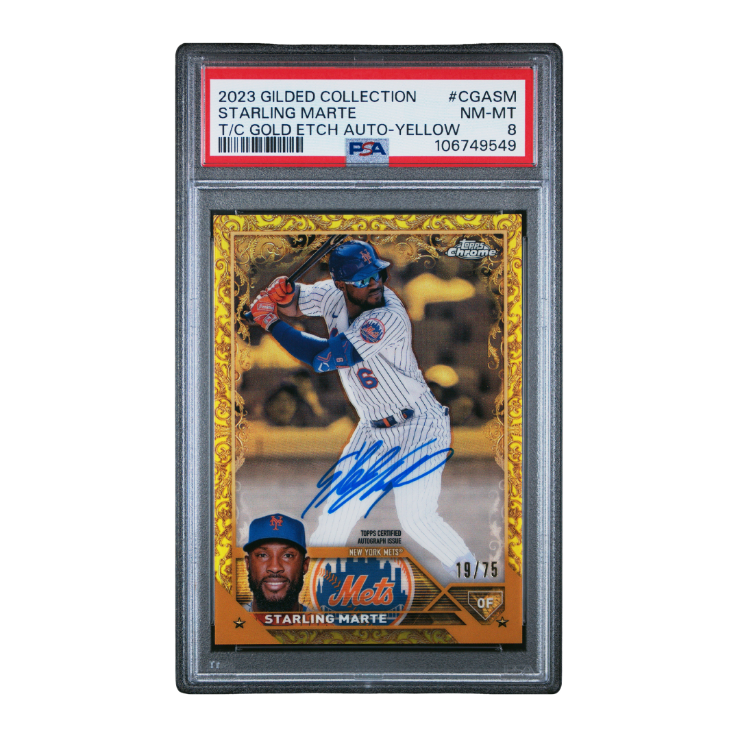Starling Marte Topps Chrome 2023 Gilded Collection Gold Etch Auto Yellow #CGA-SM 19/75 (PSA 8)