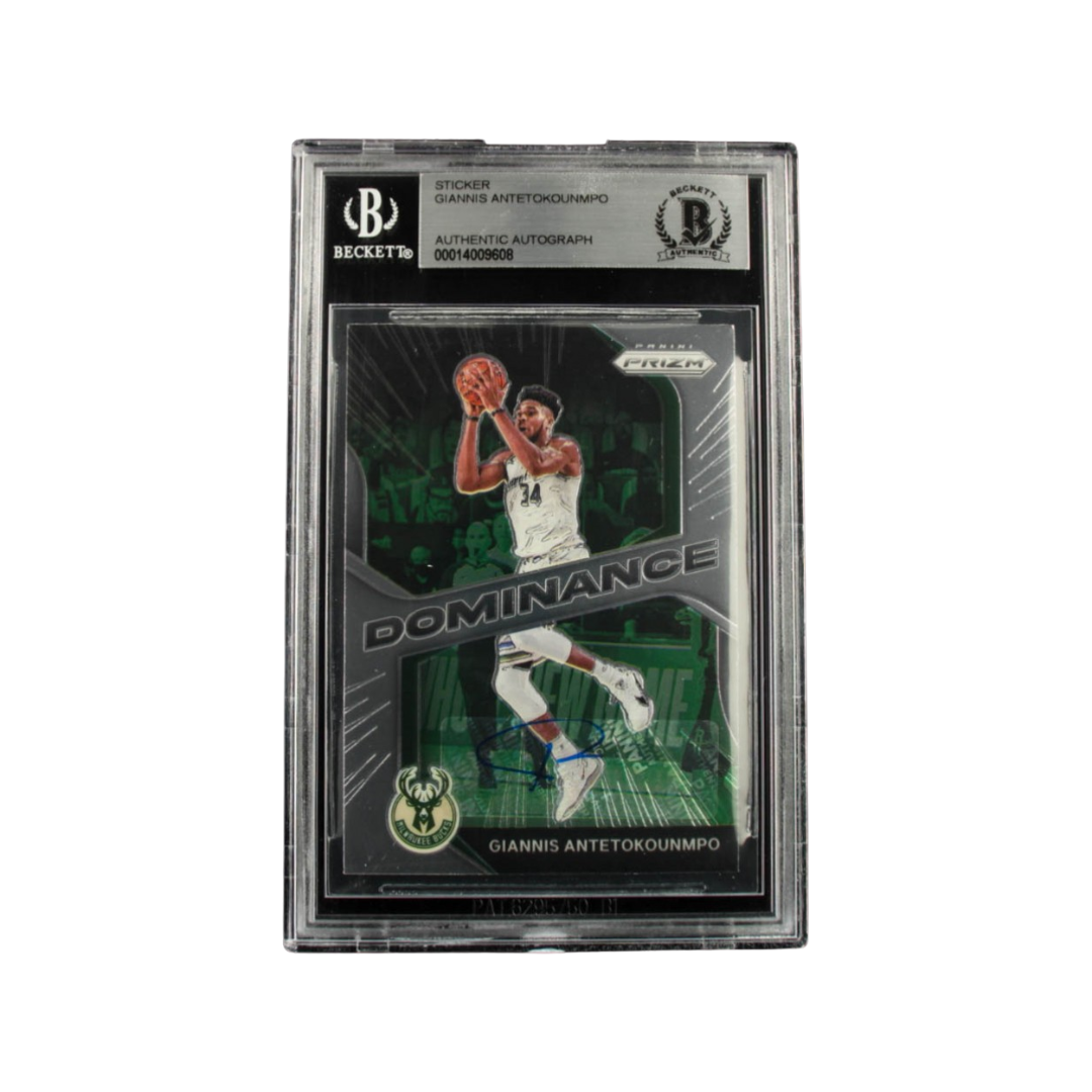 Giannis Antetokounmpo Signed Sticker On 2020-21 Panini Prizm Dominance #7 (BGS)