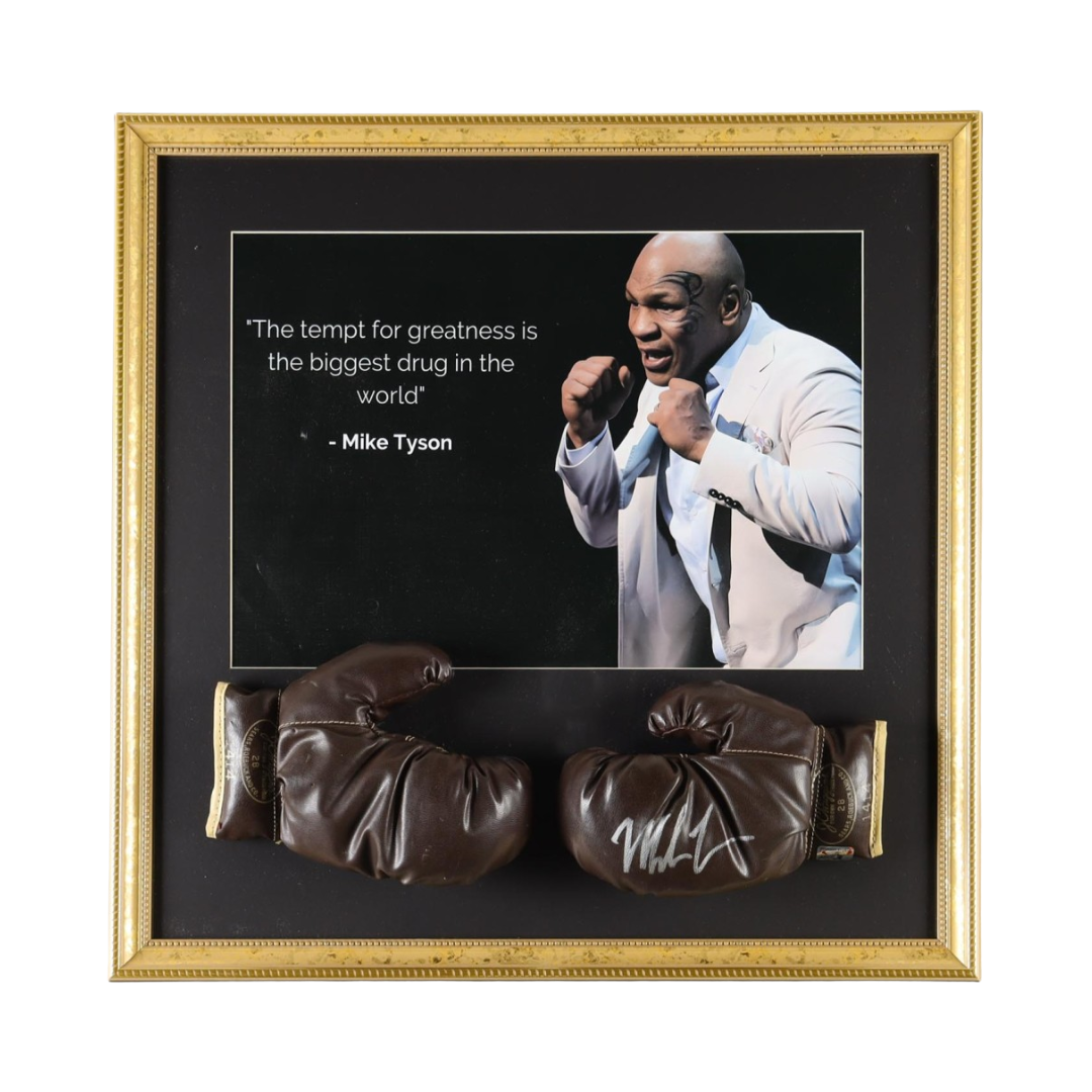 Mike Tyson Signed Custom Framed Vintage 1955 Everlast Jack Dempsey Model Boxing Gloves Display (Tyson)