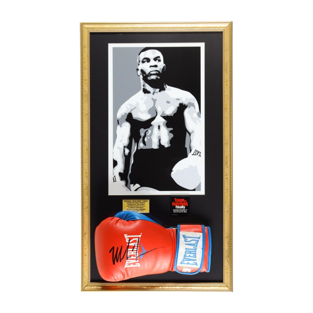 Mike Tyson Signed Custom Framed Everlast Boxing Glove Display with Art Print & Tyson vs Holyfield Fight Pin (Tyson)
