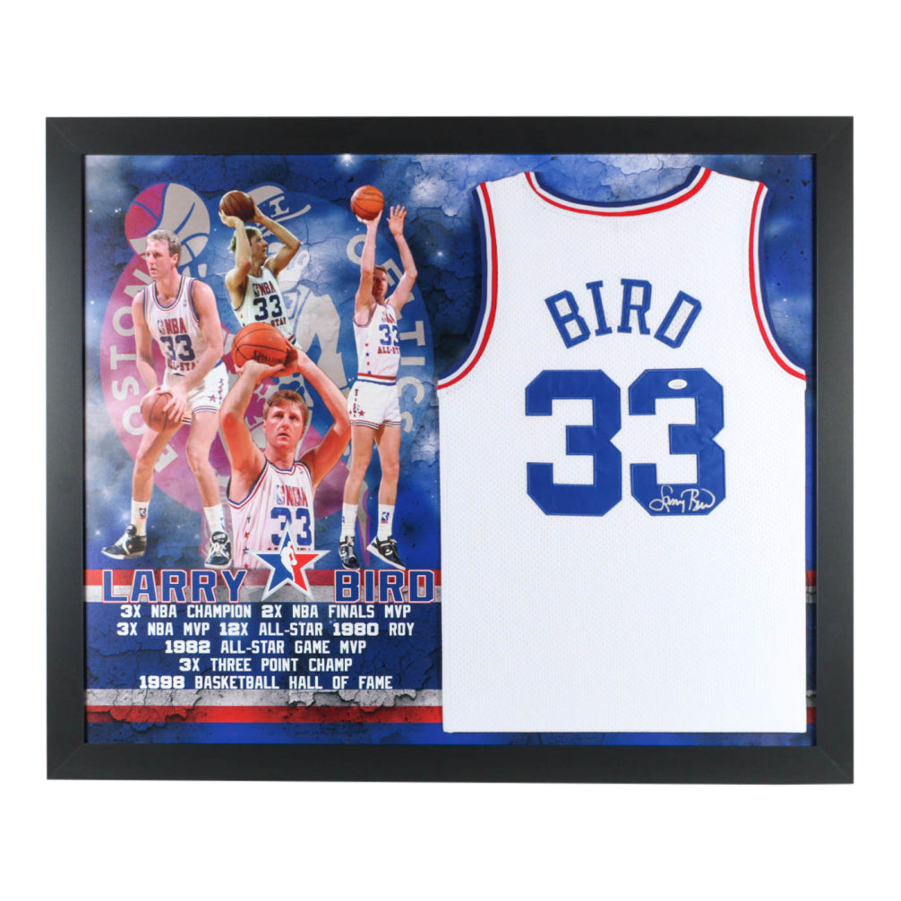 Larry Bird Signed All-Star 35.5x43.5 Custom Framed Jersey Display (JSA COA)