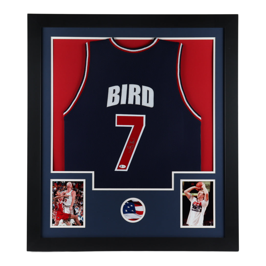 Larry Bird Signed 31x35 Custom Framed Jersey Display (Beckett COA)