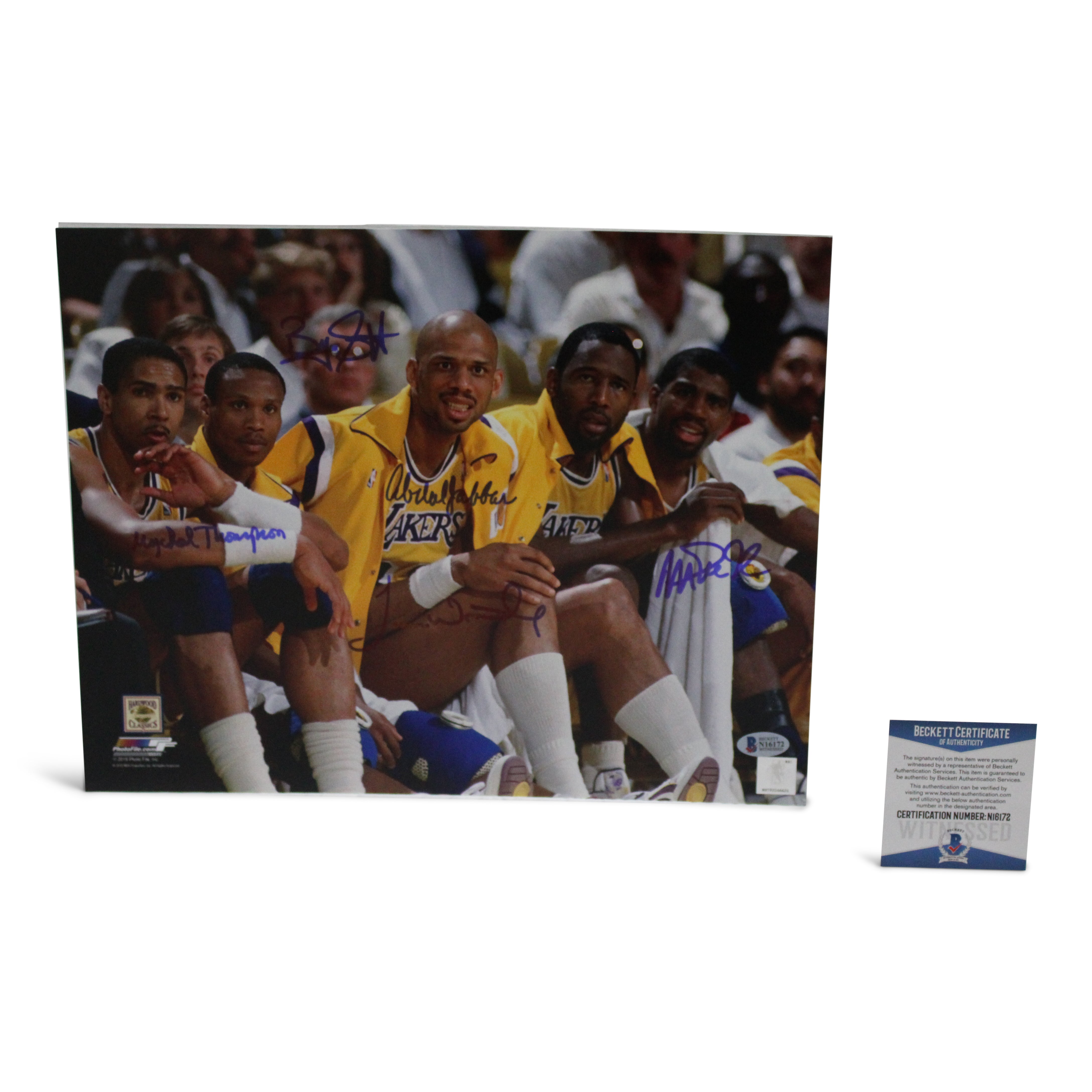 Lakers "Showtime" Team-Signed 11x14 Photo by (5) with Magic Johnson, Kareem Abdul-Jabbar, James Worthy, Mychal Thompson & Bryon Scott (Beckett COA)