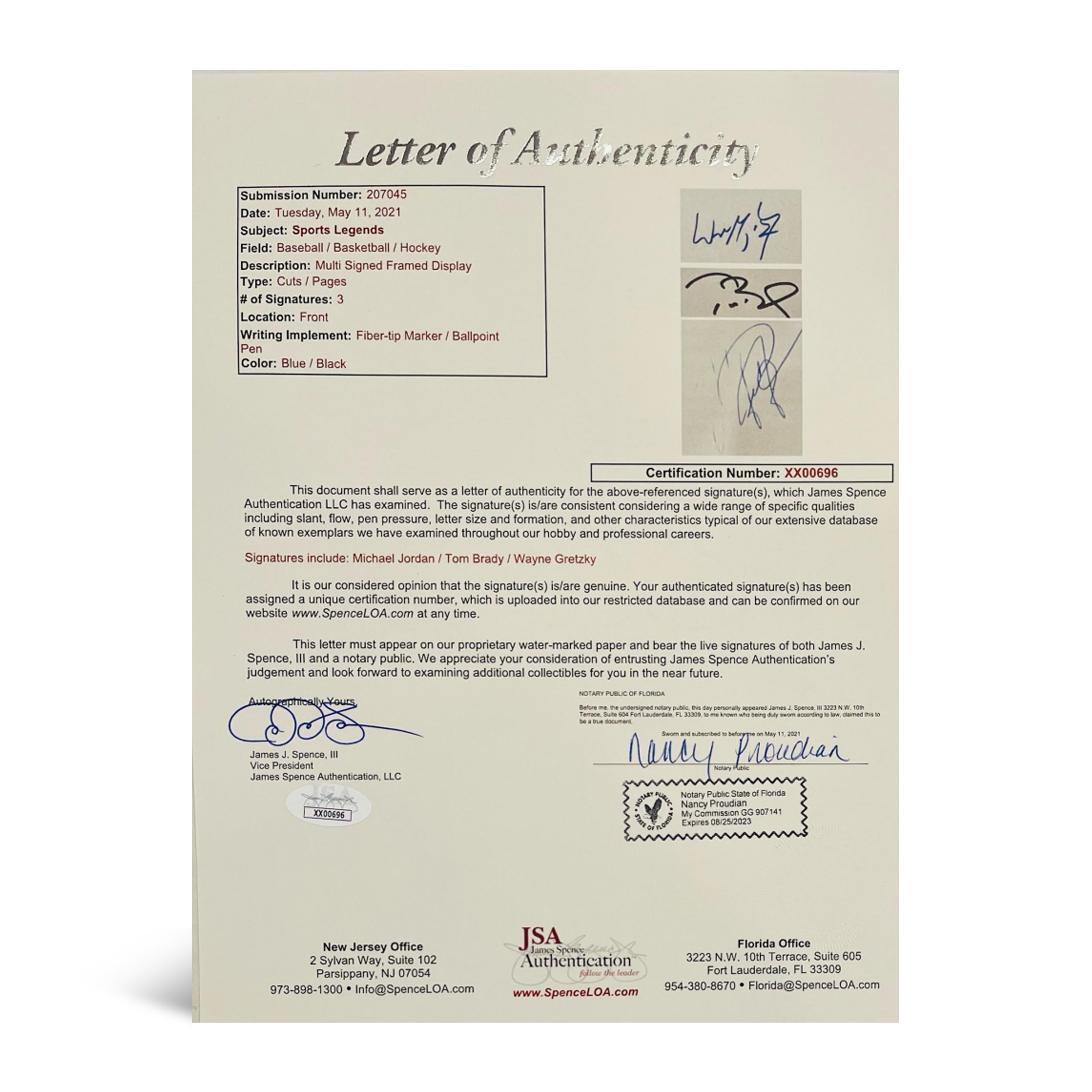 "Legends of Sport" 27.5x43.5 Custom Framed Cut Display Signed by (6) with Michael Jordan, Wayne Gretzky, Tom Brady, Derek Jeter, Muhammad Ali & Tiger Woods (JSA LOA & JSA COA)