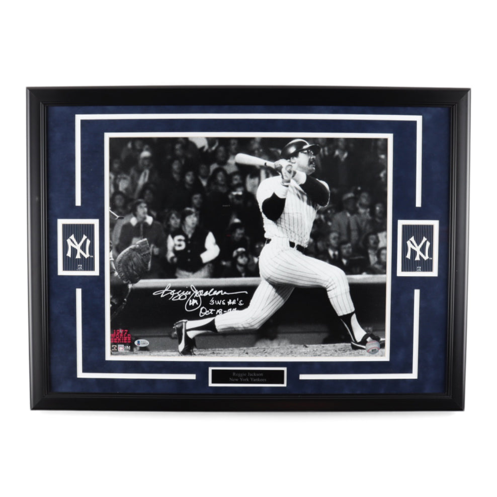 Reggie Jackson Signed Athletics 22.5x30.5 Custom Framed Photo Display Inscribed "3 WS AR's" & "Oct 18 - 77" (Beckett)