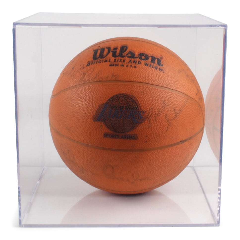 1966 Lakers Logo Basketball Team-Signed by (13) With Elgin Baylor, Jerry West, Gail Goodrich, Jim Barnes With Display Case (JSA ALOA)