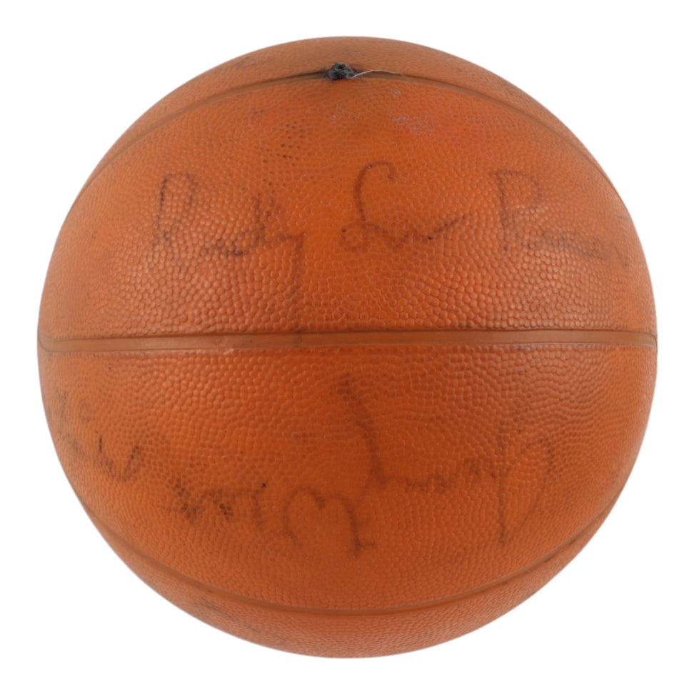 1966 Lakers Logo Basketball Team-Signed by (13) With Elgin Baylor, Jerry West, Gail Goodrich, Jim Barnes With Display Case (JSA ALOA)