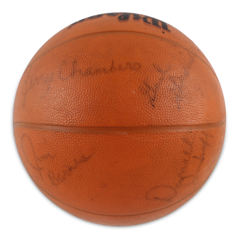 1966 Lakers Logo Basketball Team-Signed by (13) With Elgin Baylor, Jerry West, Gail Goodrich, Jim Barnes With Display Case (JSA ALOA)