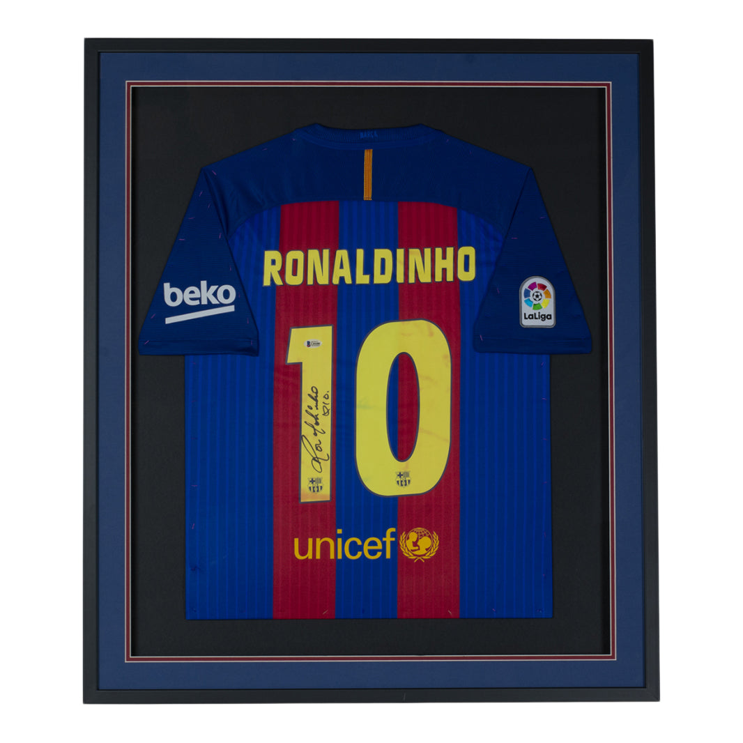 Ronaldinho Signed Barcelona 32x36 Custom Framed Nike Jersey Display Inscribed "R10" (Beckett)