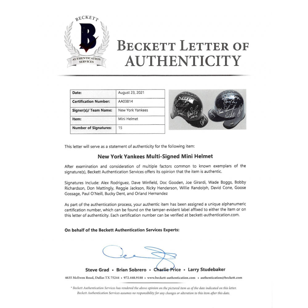 Yankees Mini Helmet Signed by (15) with Alex Rodriguez, Wade Boggs, Doc Gooden, Joe Girardi (Beckett)