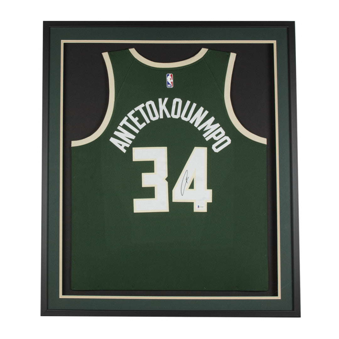 Giannis Antetokounmpo Signed Bucks 32x36 Custom Framed Swingman Jersey Display (Beckett COA)