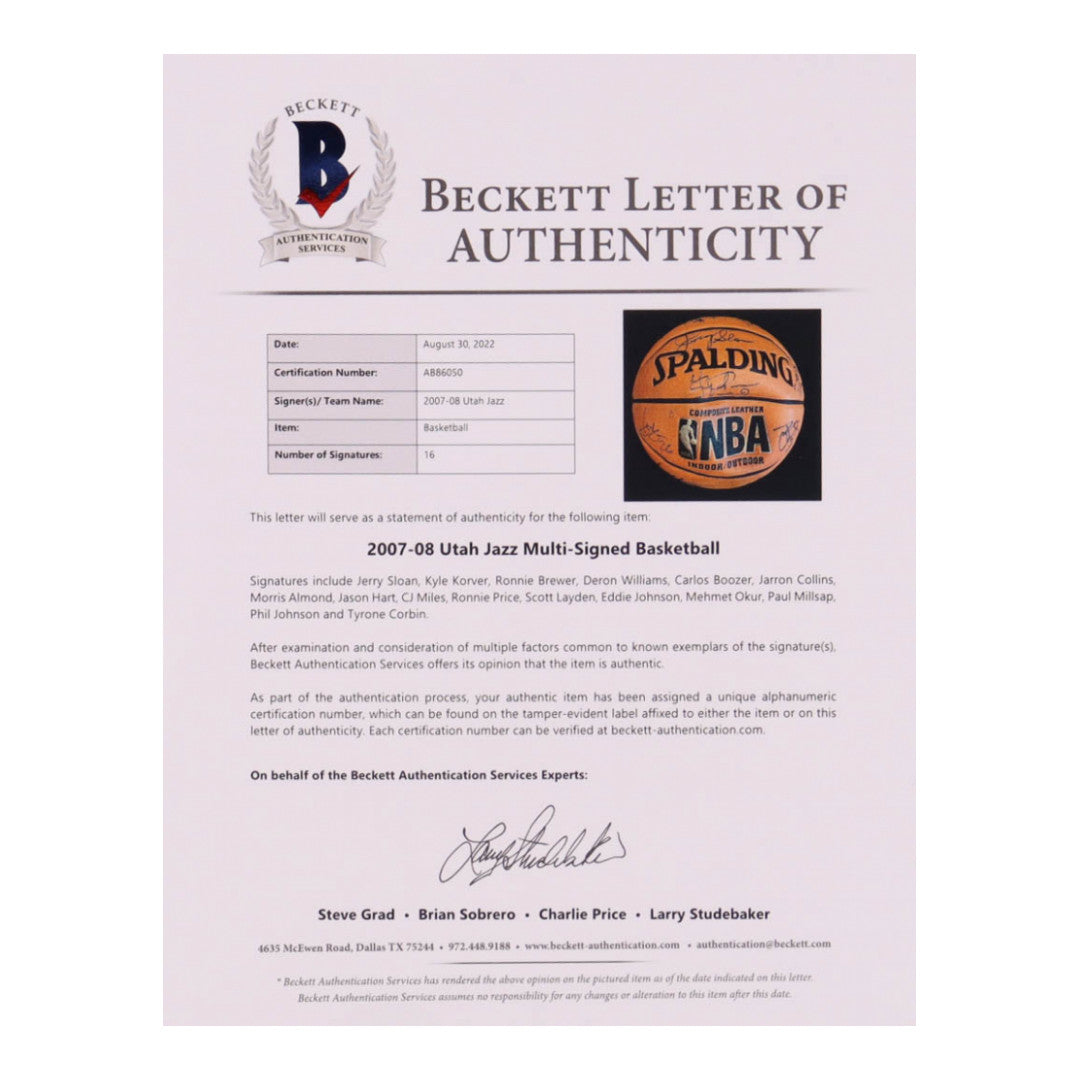 2007-08 Jazz NBA Basketball Team-Signed by (16) with Jerry Sloan, Deron Williams, Carlos Boozer, Paul Millsap, Kyle Korver (Beckett)